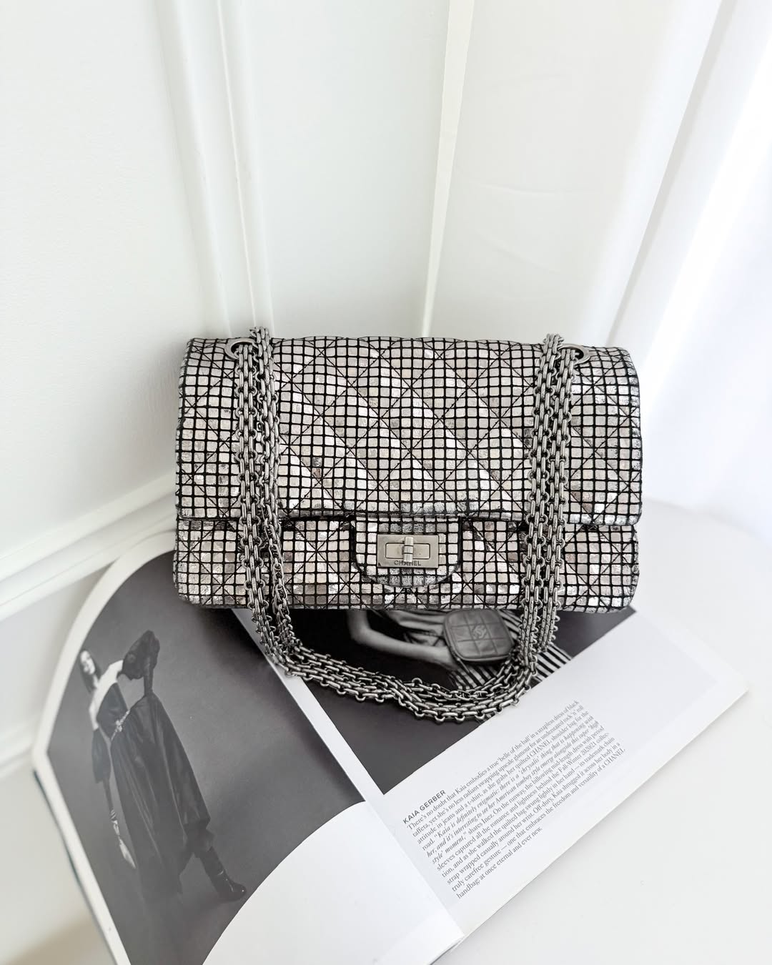 Chanel Mirror Reissue 2.55 Quilted Silver Suede Calfskin Gun Metal Hardware