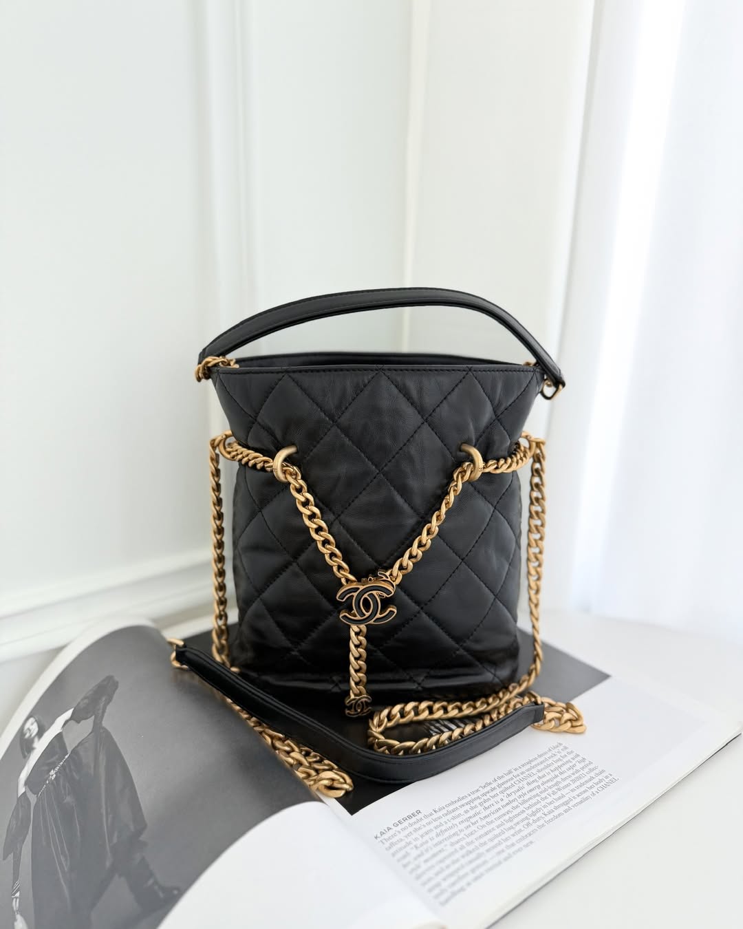 Chanel Enamel CC Bucket Bag Black Lambskin 22P