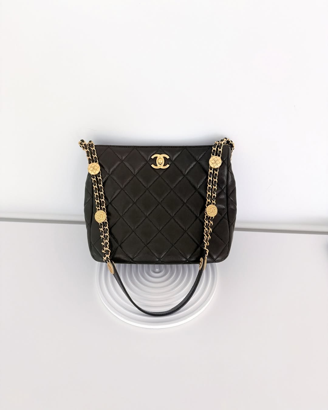 Chanel Twist Your Buttons Hobo Bag Black Shiny Soft Caviar Aged 22A