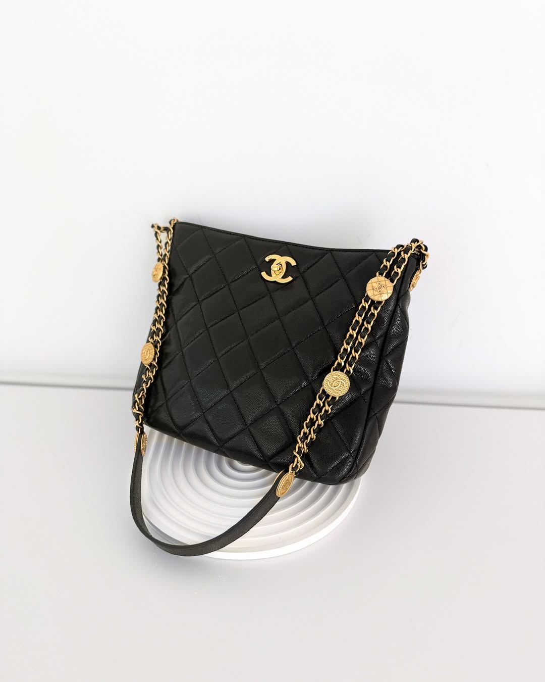 Chanel Twist Your Buttons Hobo Bag Black Shiny Soft Caviar Aged 22A