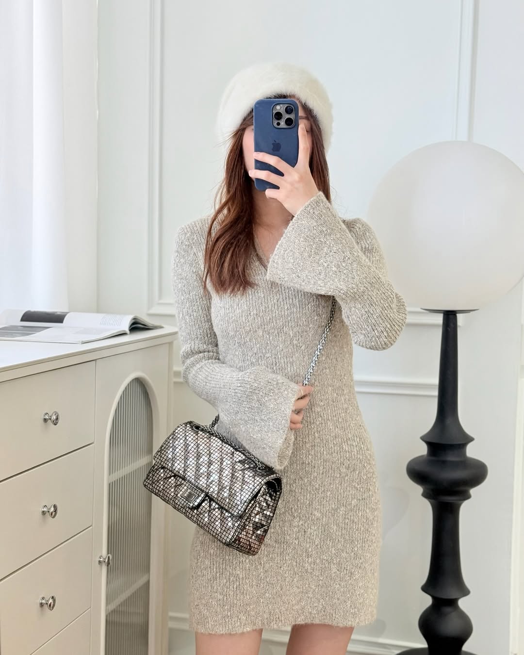 Chanel Mirror Reissue 2.55 Quilted Silver Suede Calfskin Gun Metal Hardware