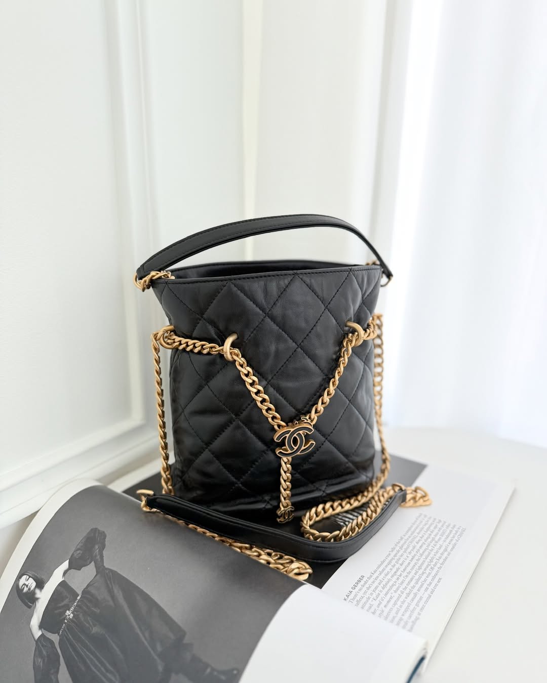 Chanel Enamel CC Bucket Bag Black Lambskin 22P