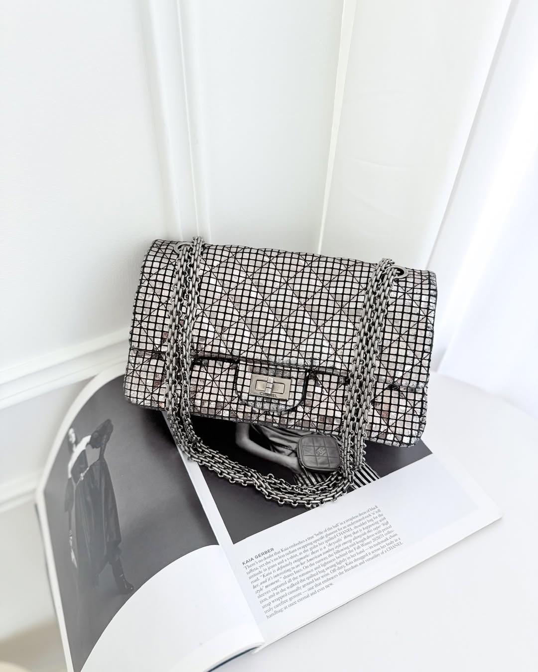 Chanel Mirror Reissue 2.55 Quilted Silver Suede Calfskin Gun Metal Hardware