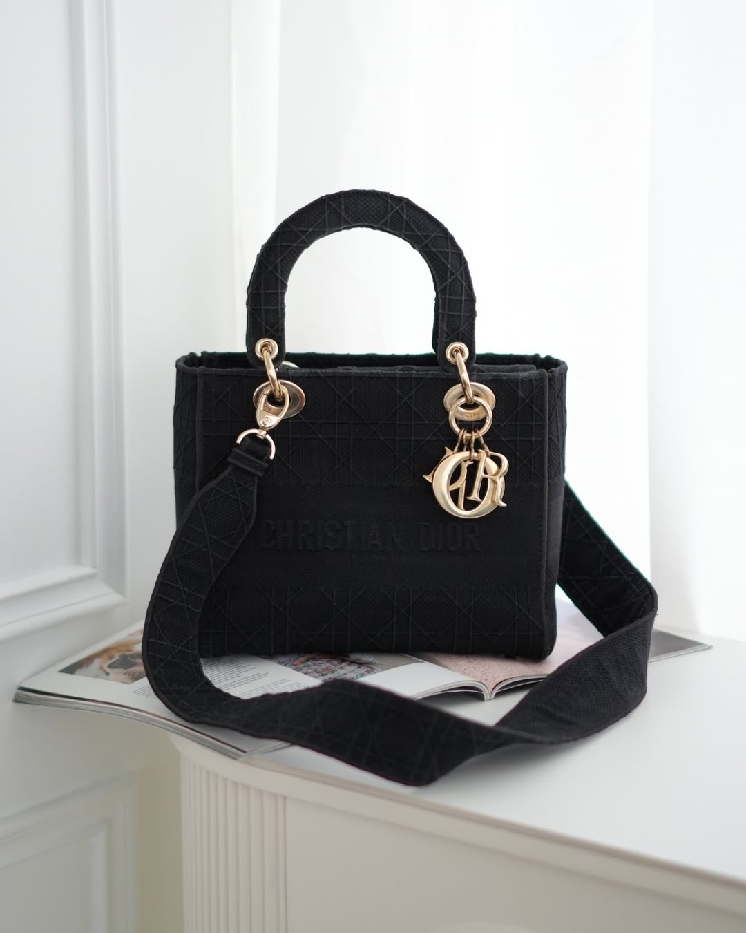 Dior Medium Lady D-Lite Bag Black Cannage Embroidery