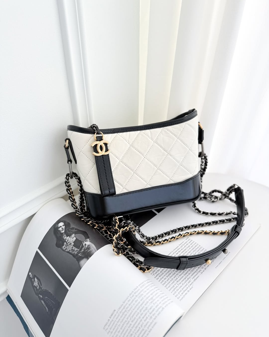 Chanel Small Gabrielle Hobo Quilted Black White Aged Calfskin