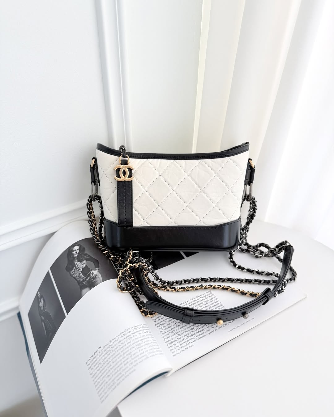 Chanel Small Gabrielle Hobo Quilted Black White Aged Calfskin