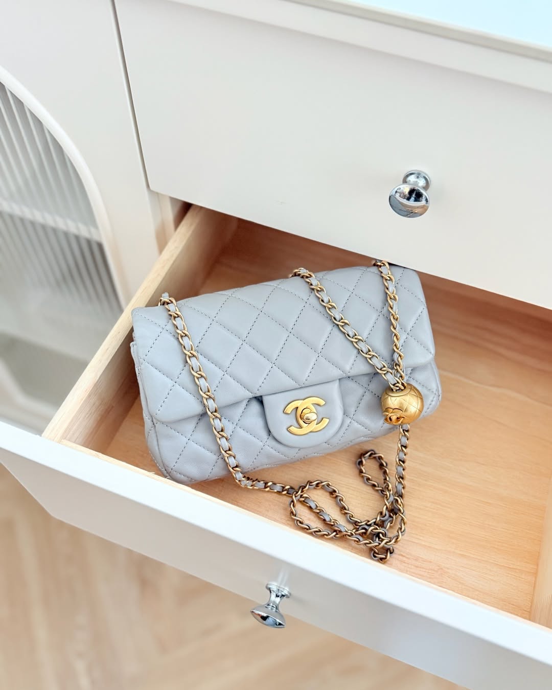 Chanel Pearl Crush Mini Rectangular Quilted Grey Lambskin Aged