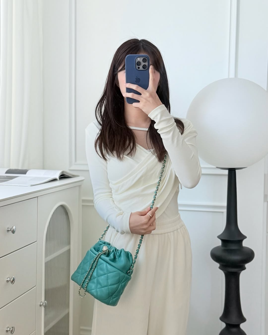 Chanel Pearl CC Drawstring Bucket Bag Teal Green Lambskin