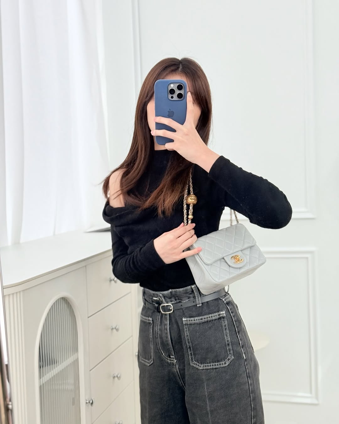 Chanel Mini Square Pearl Crush Quilted Grey Lambskin Aged