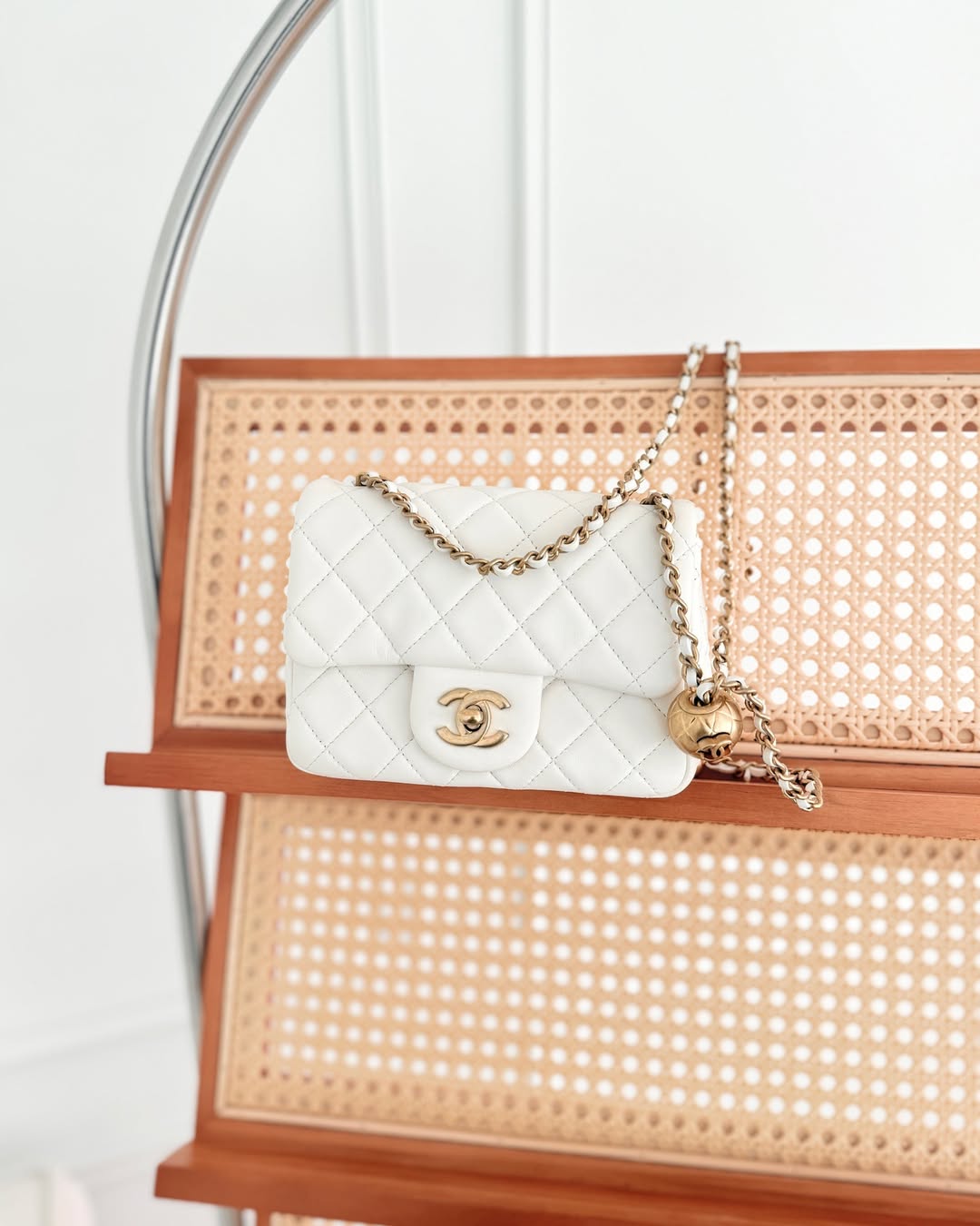 Chanel Pearl Crush Mini Square Quilted White Lambskin Aged