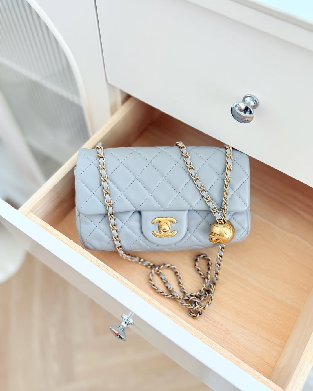 Chanel Pearl Crush Mini Rectangular Quilted Grey Lambskin Aged