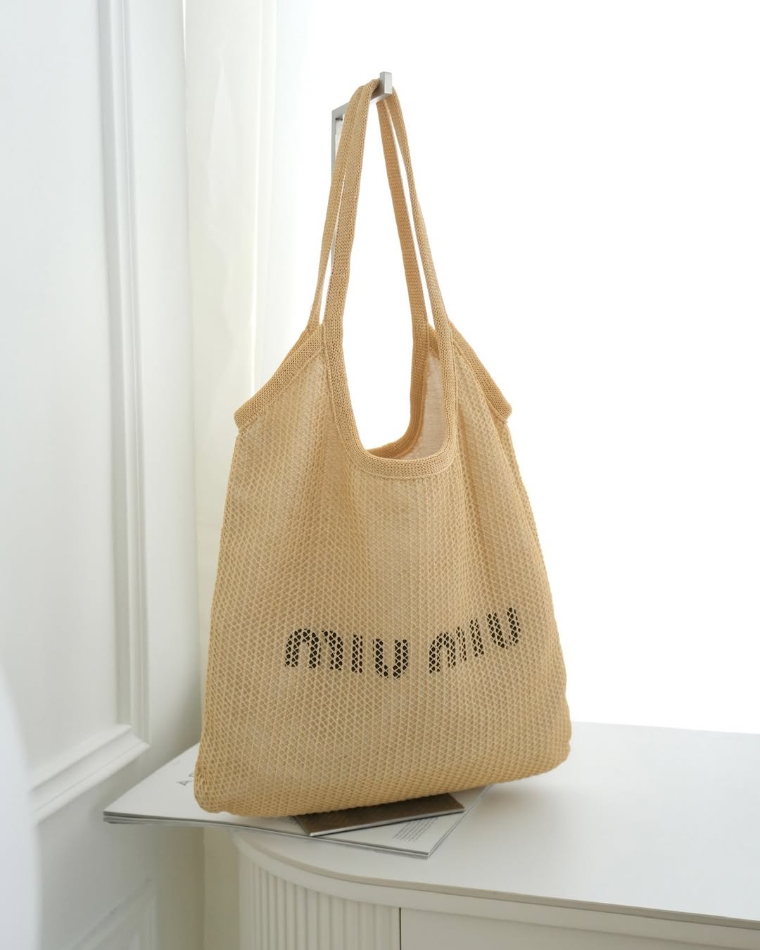 Miu Miu Woven Fabric Tote Bag Natural