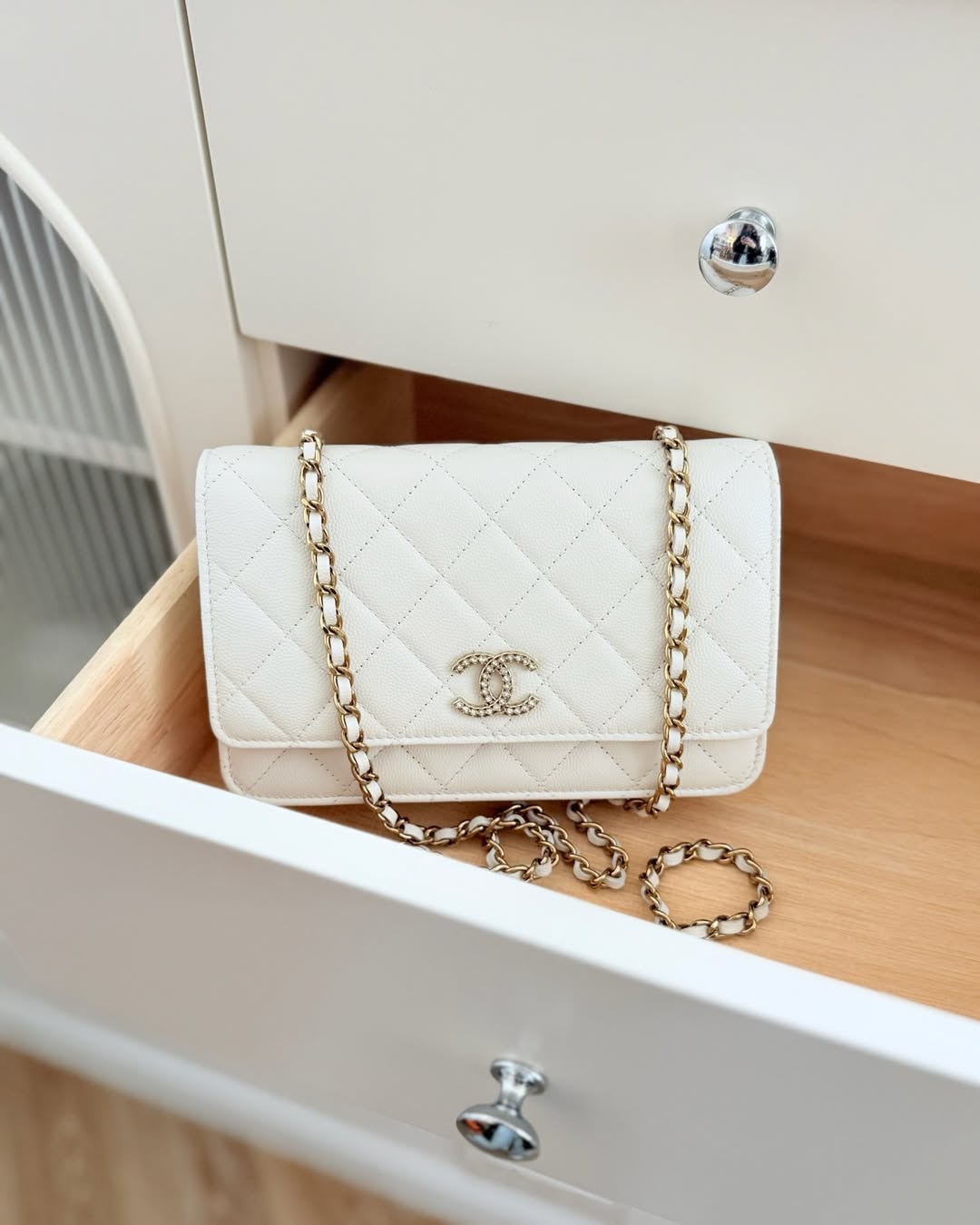 Chanel Crystal CC Wallet on Chain WOC White Caviar