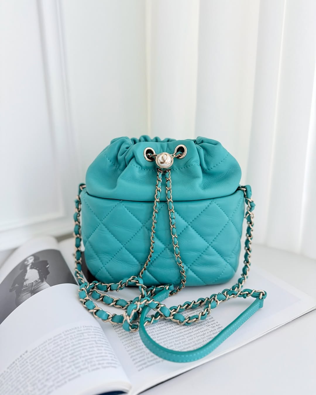 Chanel Pearl CC Drawstring Bucket Bag Teal Green Lambskin