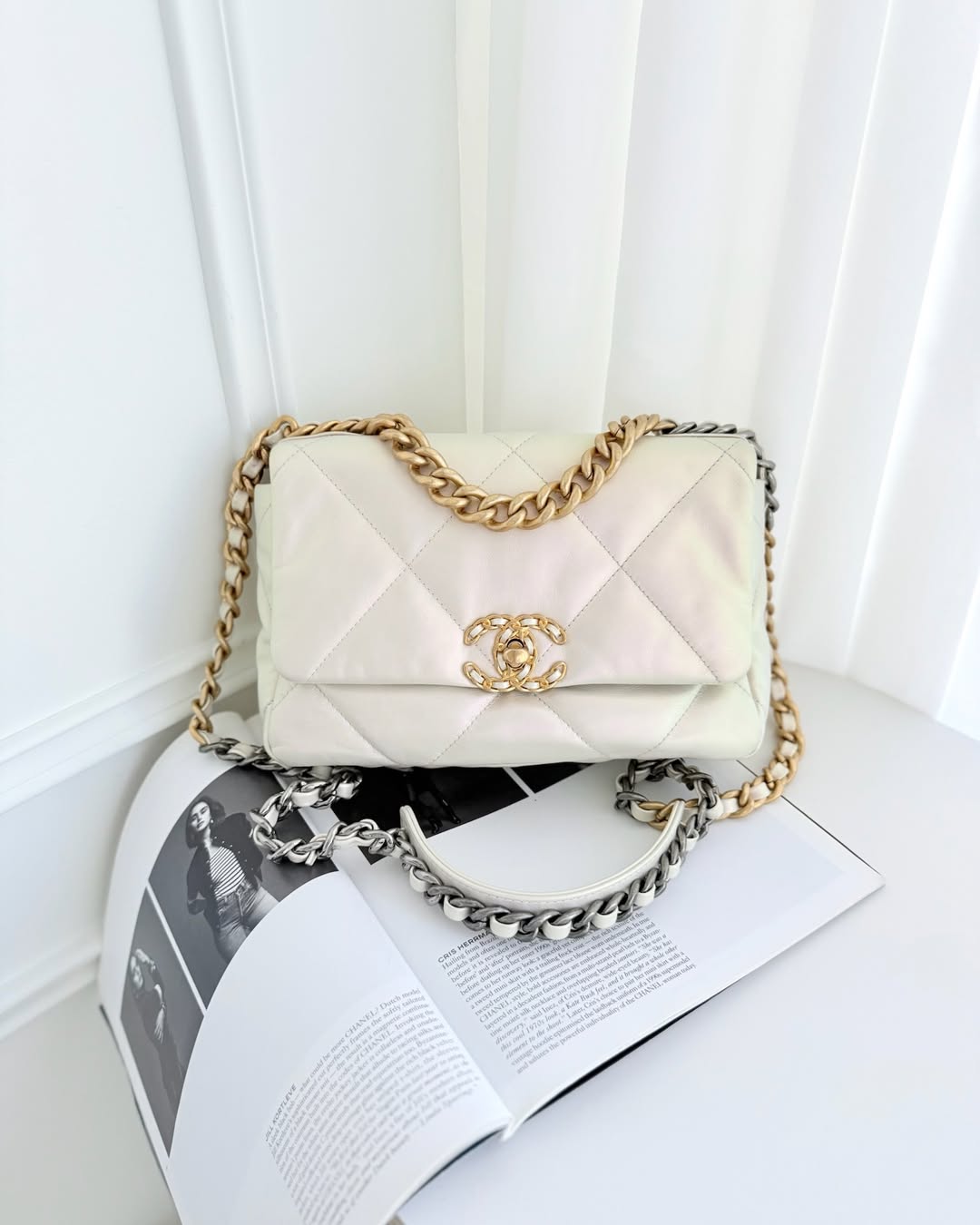Chanel 19 Small Iridescent White Mixed Hardware