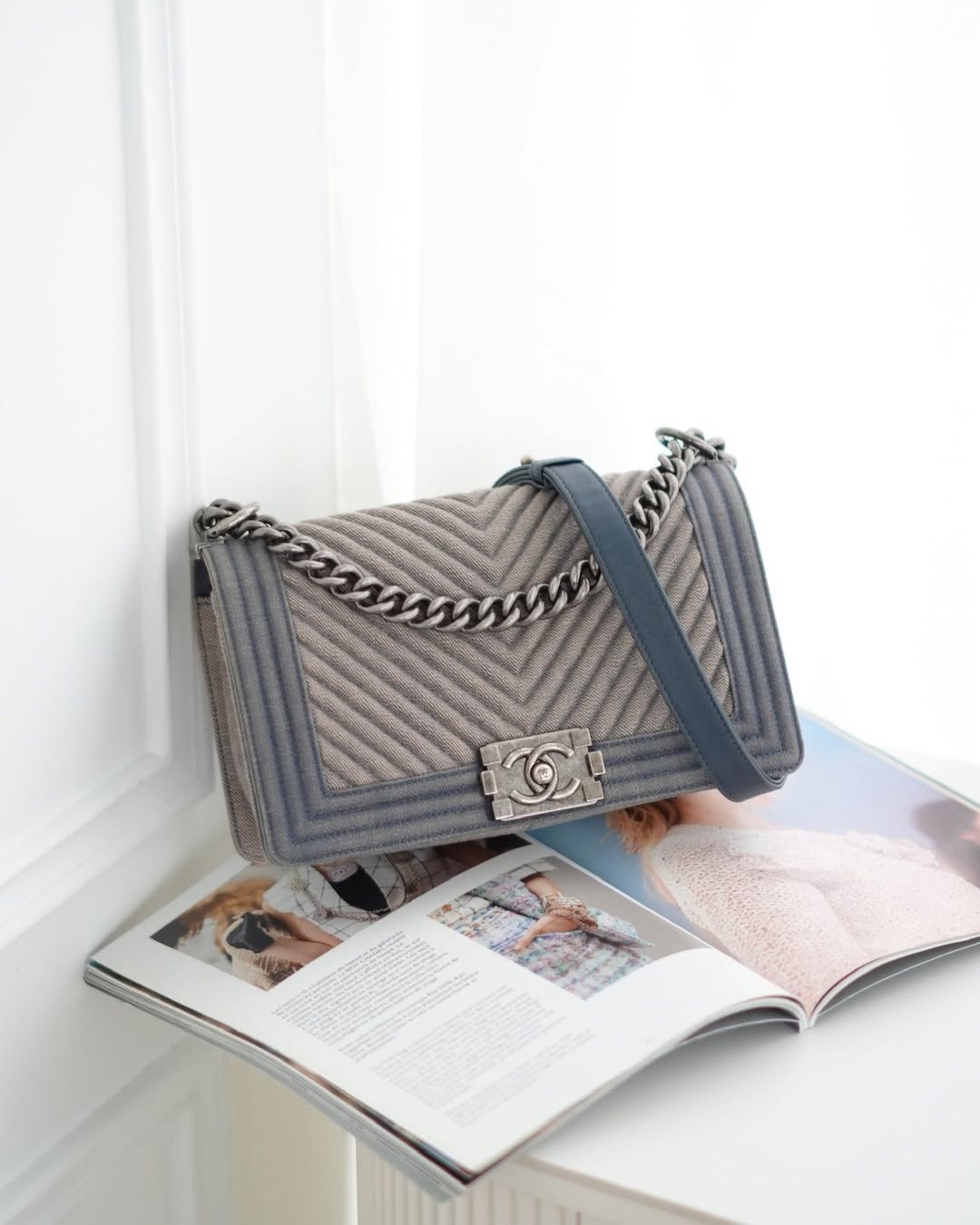 Chanel Medium Chevron Boy Washed Denim Ruthenium Hardware