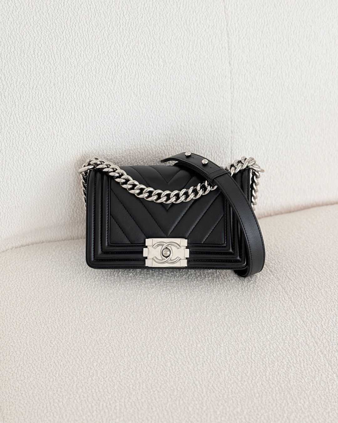 Chanel Small Boy Chevron Black Calfskin Silver Hardware