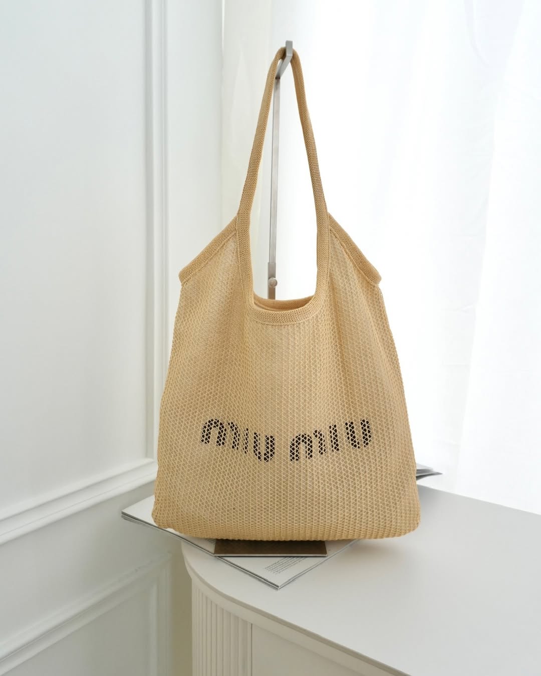 Miu Miu Woven Fabric Tote Bag Natural