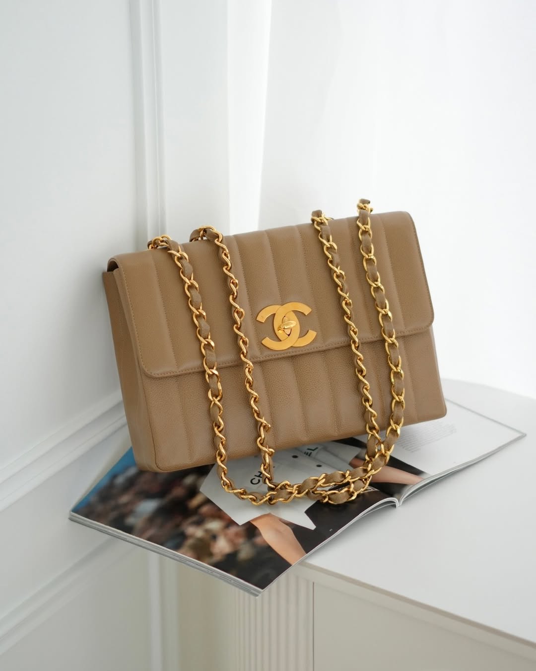 Chanel Vintage Vertical Quilted Jumbo Single Flap Beige Caviar 24K