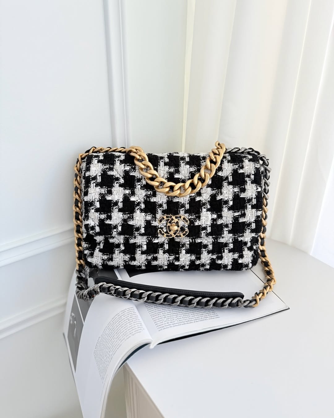 Chanel 19 Medium Tweed White Ribbon Mixed Hardware