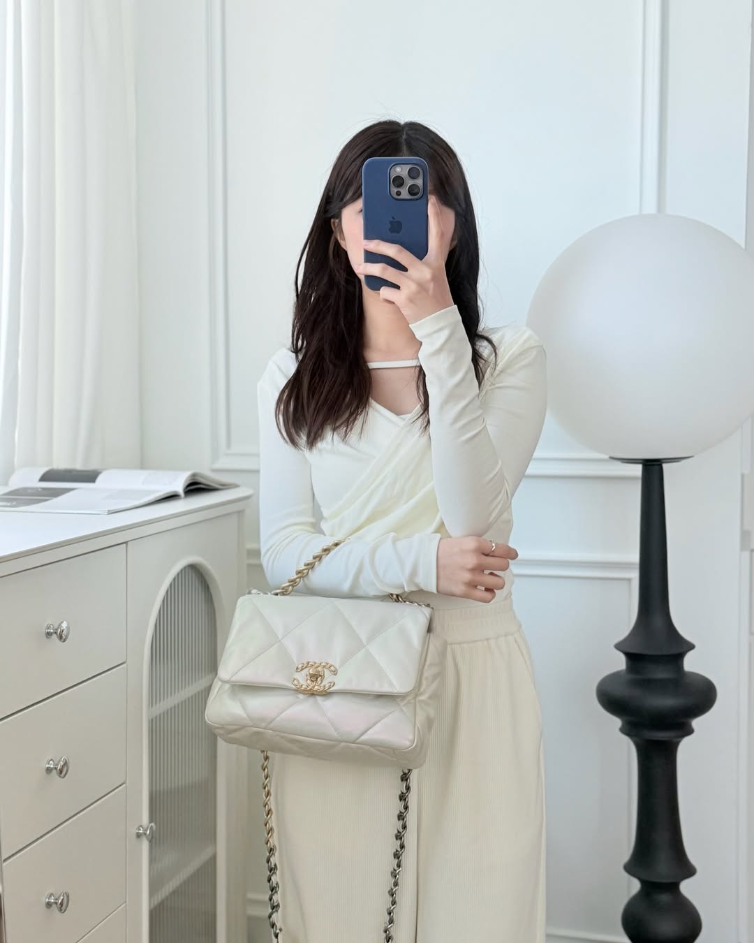 Chanel 19 Small Iridescent White Mixed Hardware