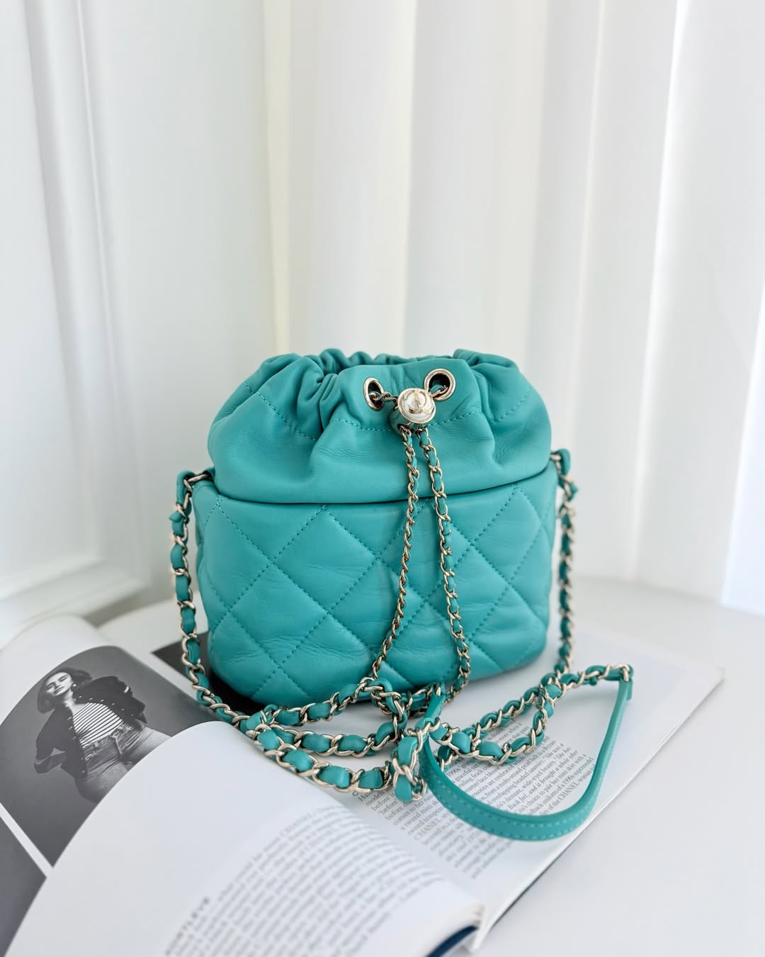 Chanel Pearl CC Drawstring Bucket Bag Teal Green Lambskin