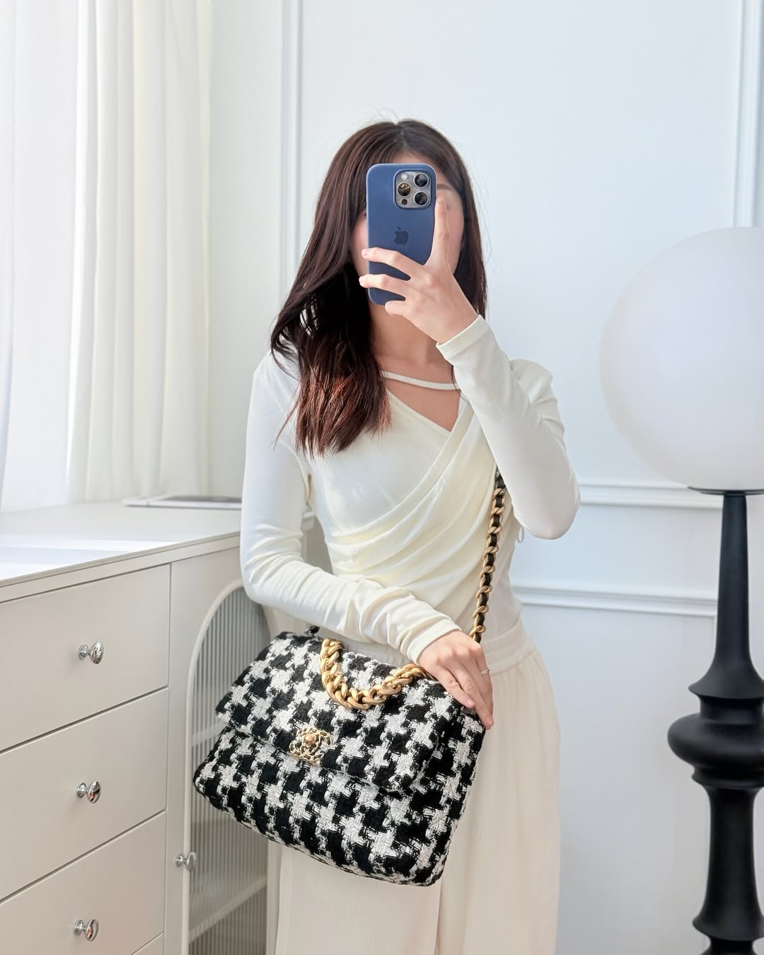 Chanel 19 Medium Tweed White Ribbon Mixed Hardware