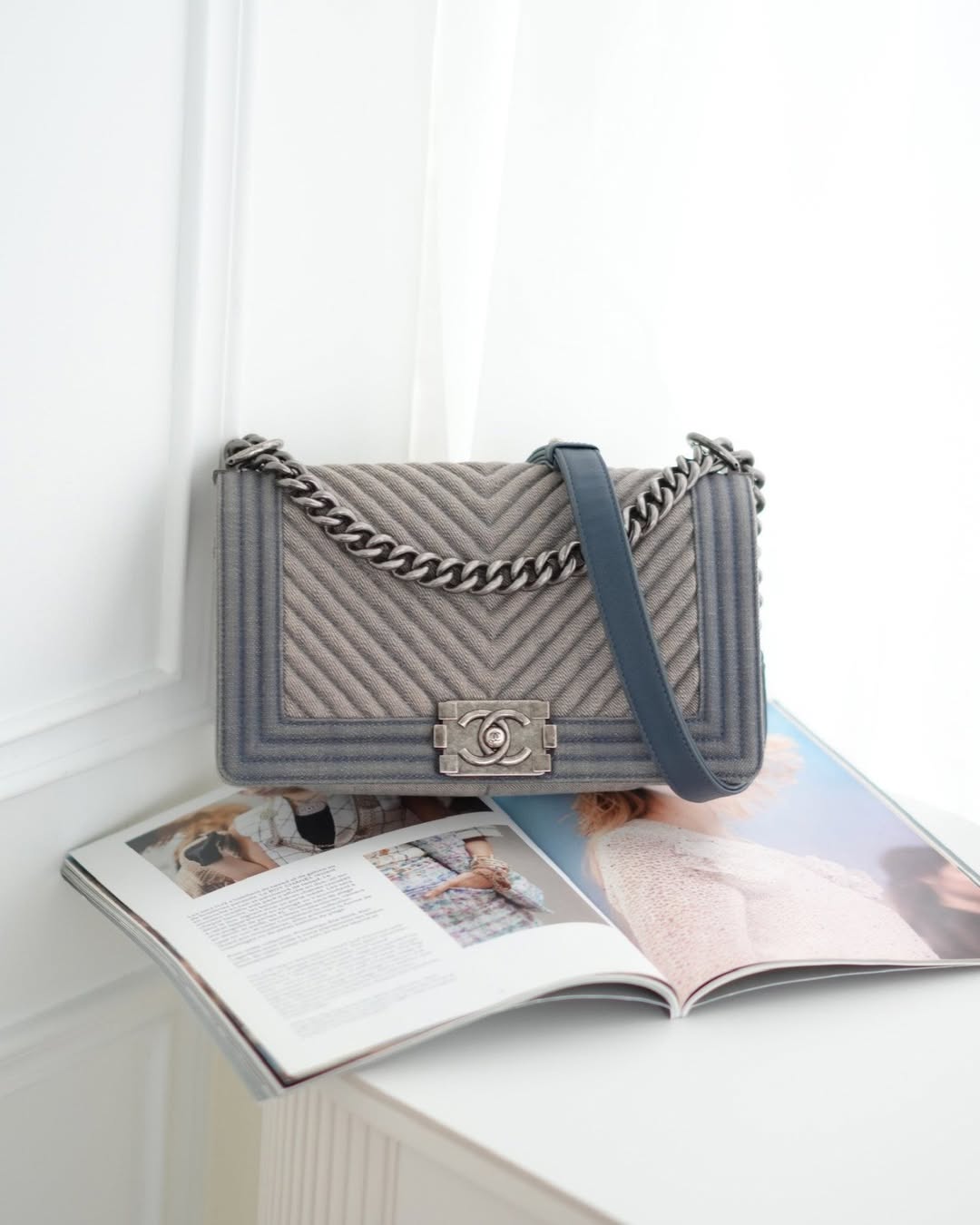 Chanel Medium Chevron Boy Washed Denim Ruthenium Hardware