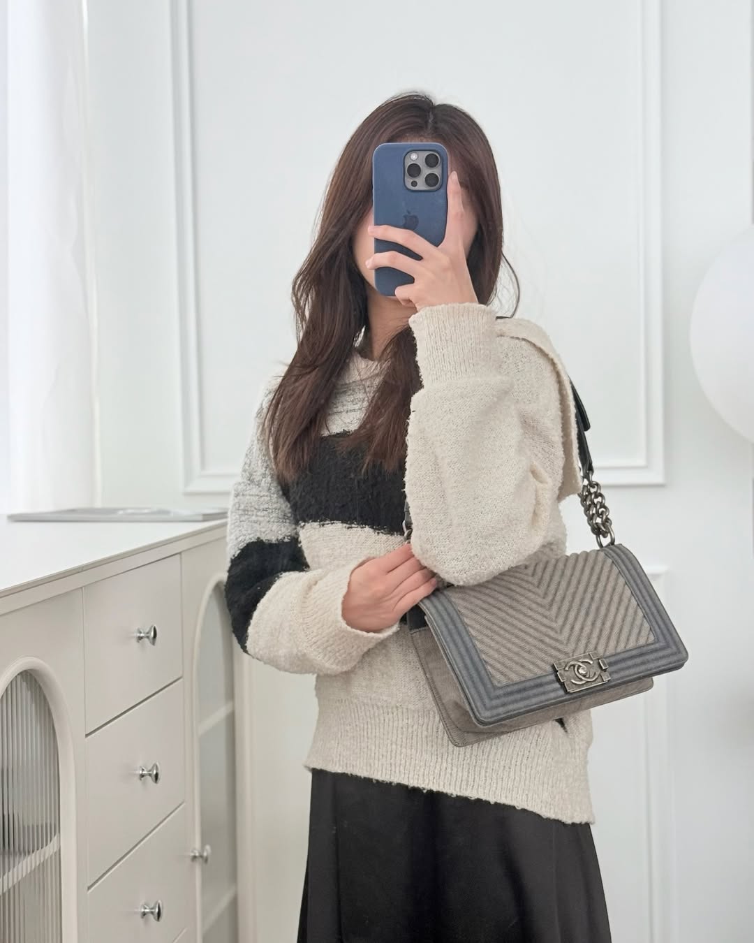 Chanel Medium Chevron Boy Washed Denim Ruthenium Hardware