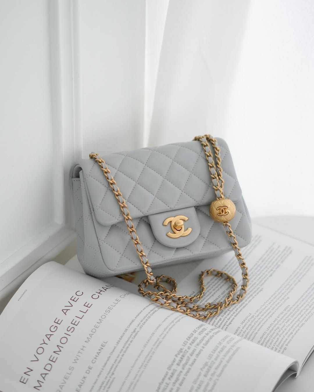 Chanel Mini Square Pearl Crush Quilted Grey Lambskin Aged