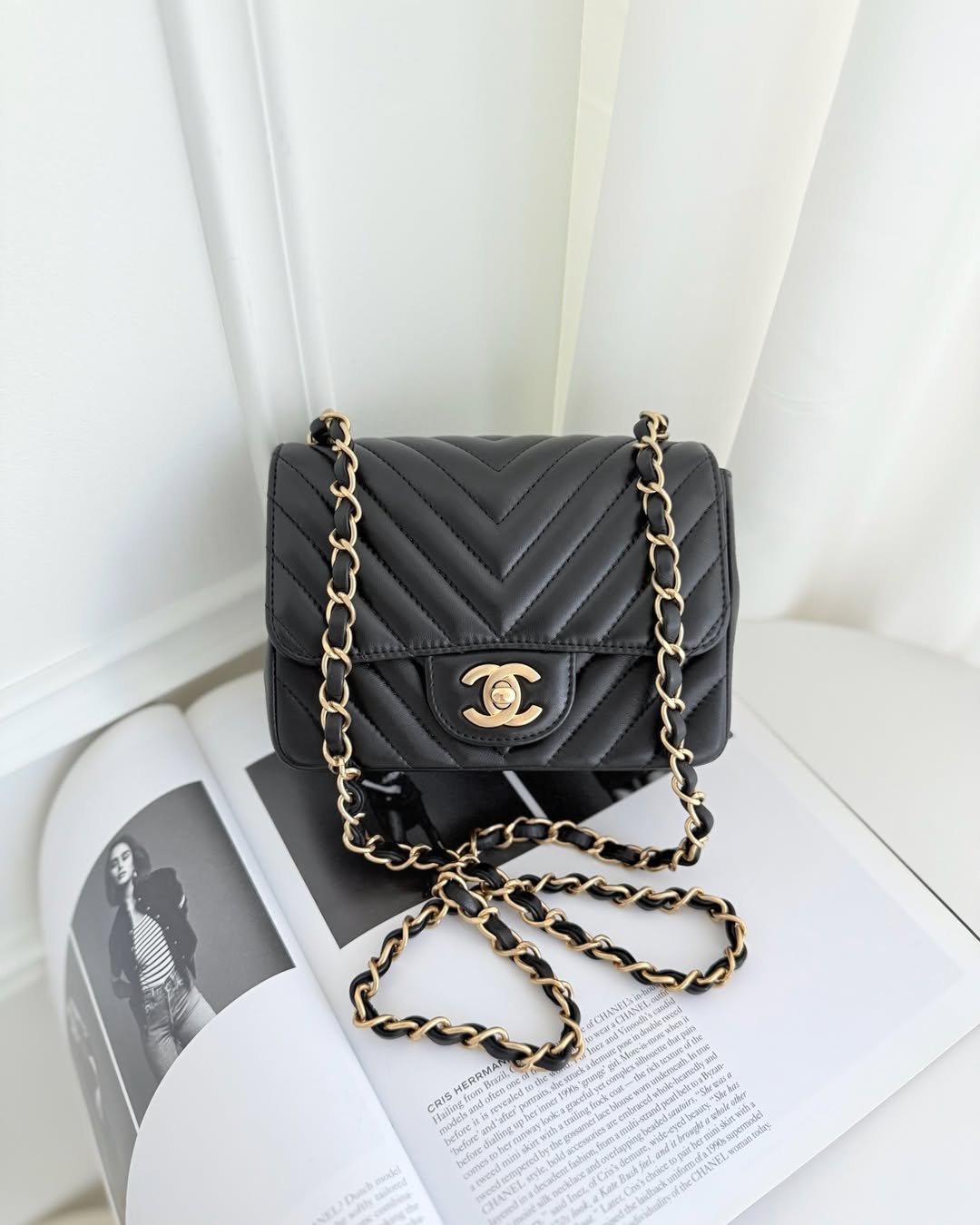 Chanel Mini Square Flap Chevron Black Lambskin Aged