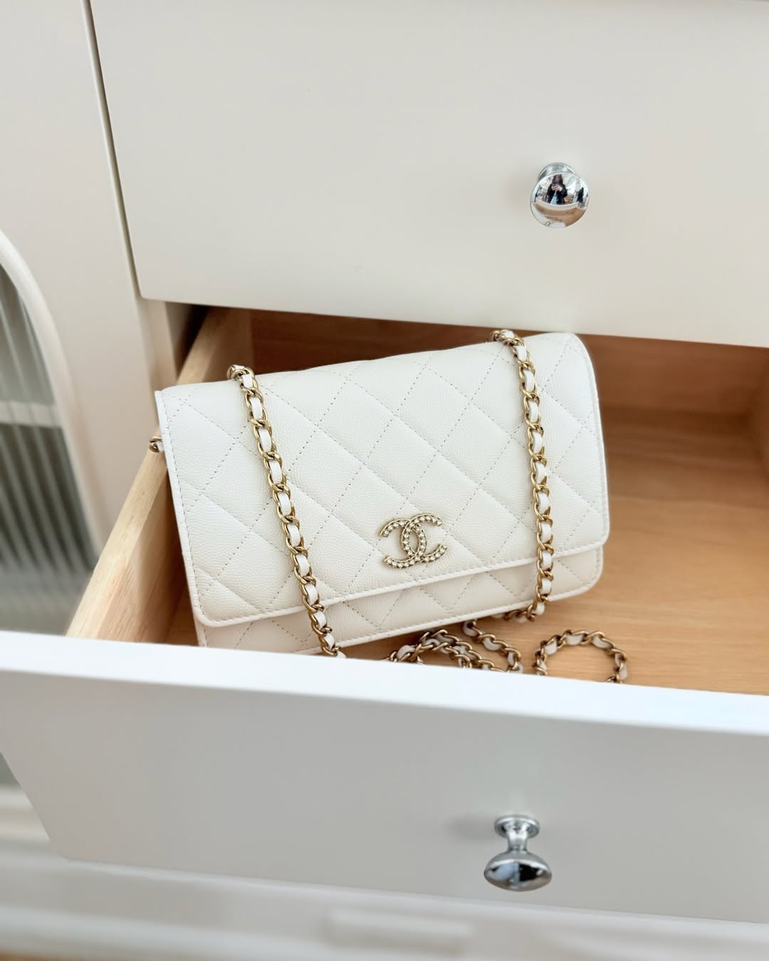Chanel Crystal CC Wallet on Chain WOC White Caviar