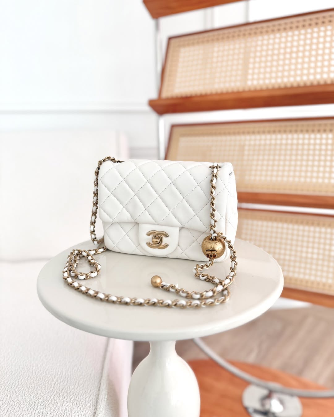 Chanel Pearl Crush Mini Square Quilted White Lambskin Aged