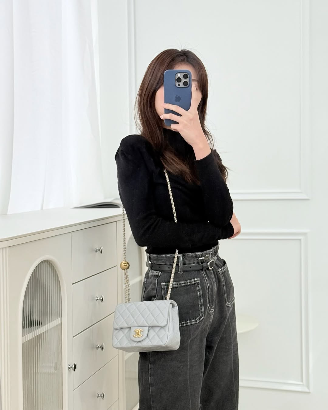 Chanel Mini Square Pearl Crush Quilted Grey Lambskin Aged