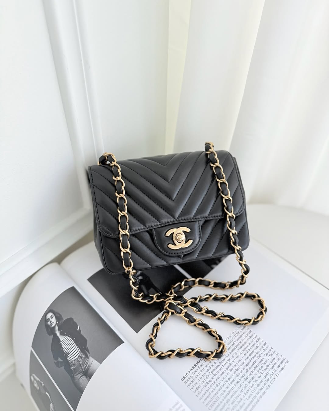 Chanel Mini Square Flap Chevron Black Lambskin Aged