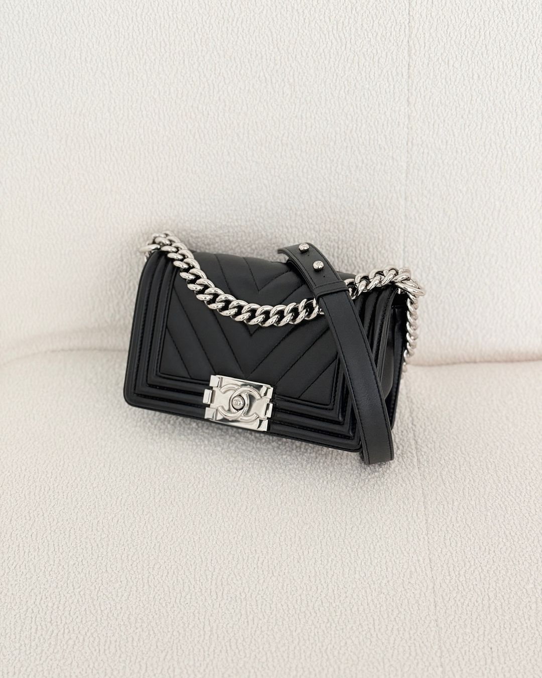 Chanel Small Boy Chevron Black Calfskin Silver Hardware