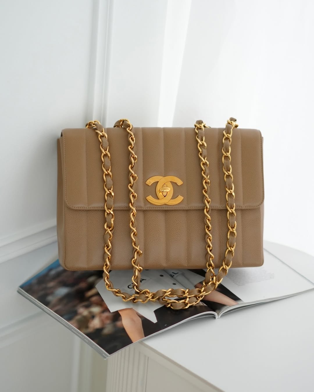 Chanel Vintage Vertical Quilted Jumbo Single Flap Beige Caviar 24K