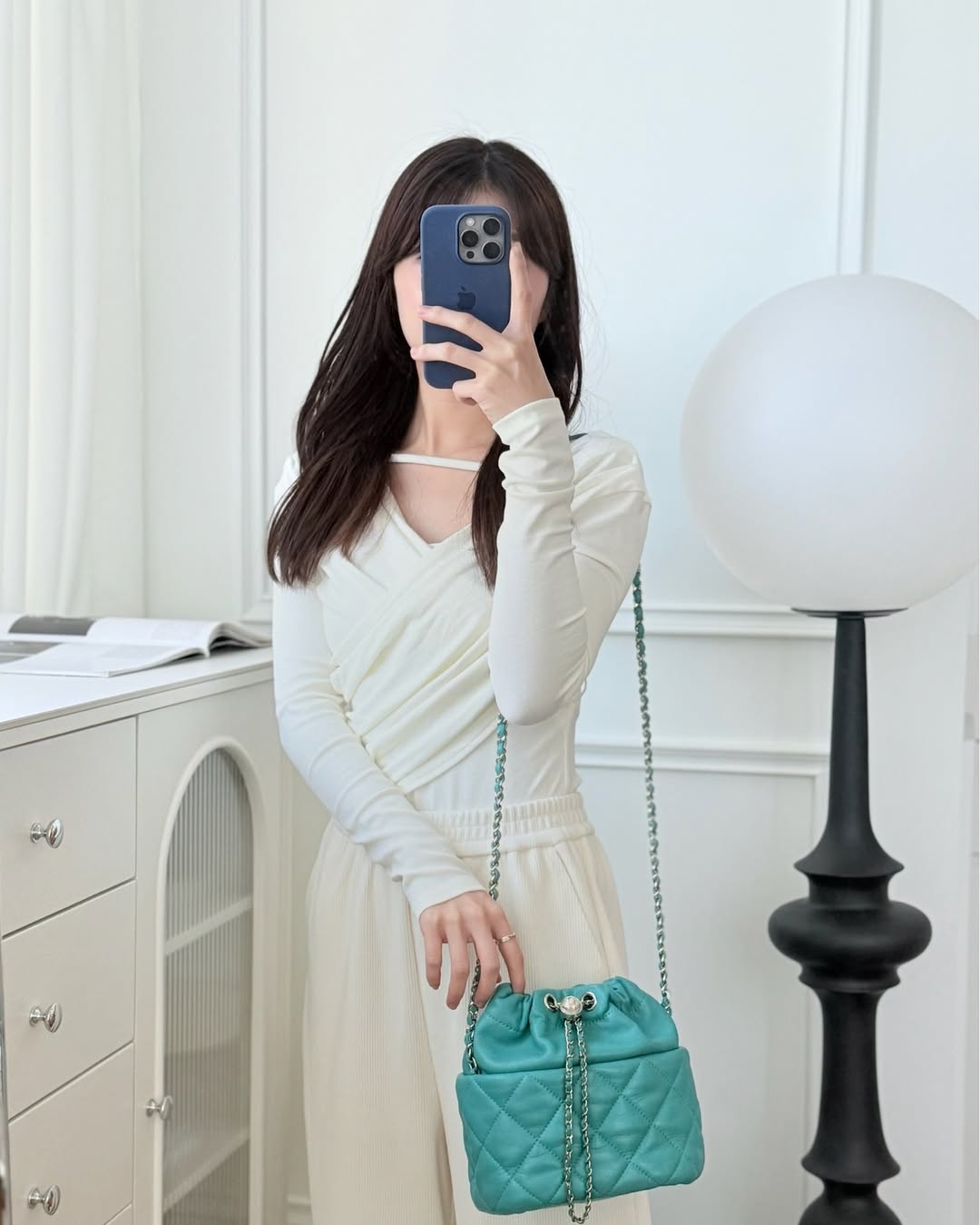 Chanel Pearl CC Drawstring Bucket Bag Teal Green Lambskin