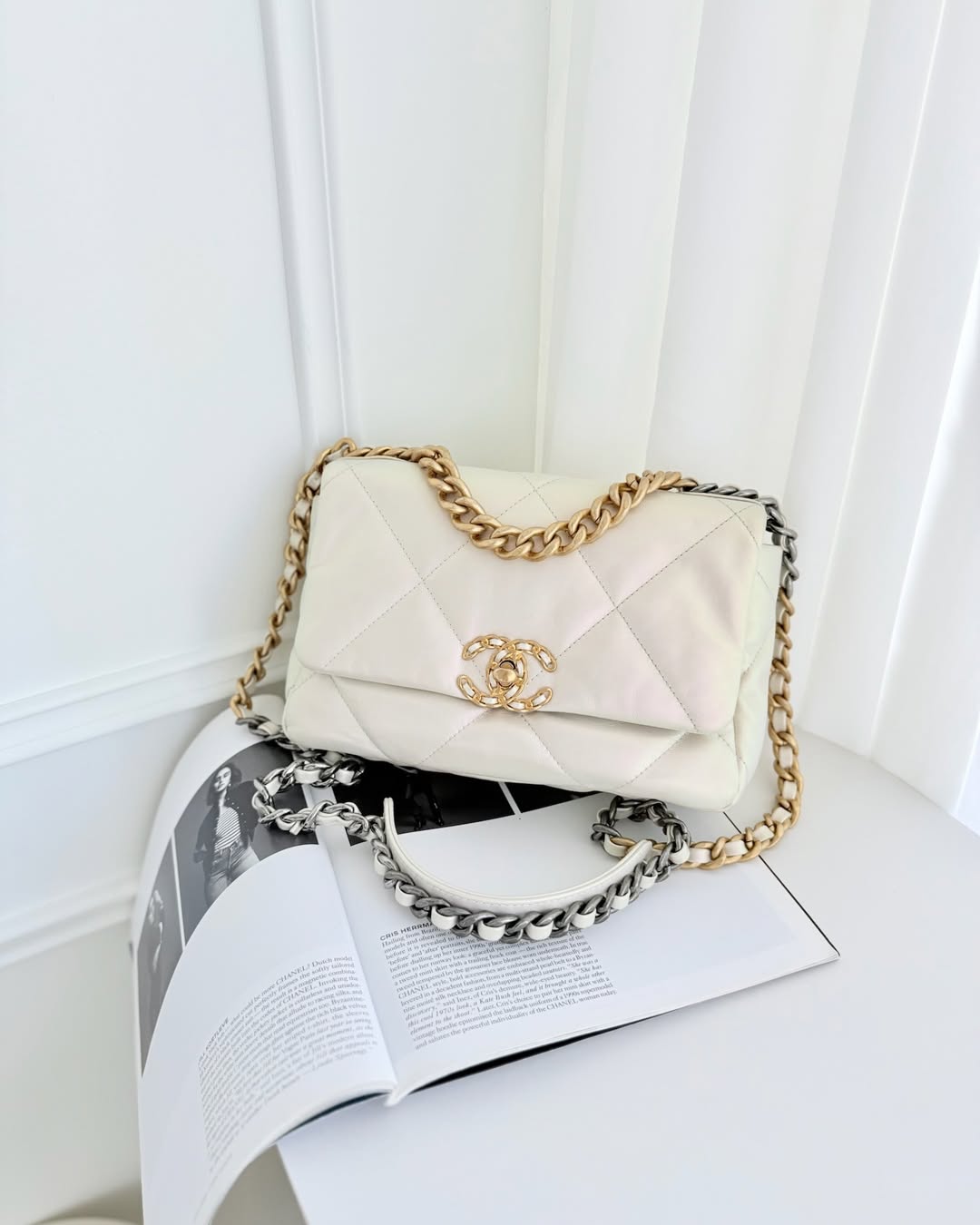 Chanel 19 Small Iridescent White Mixed Hardware