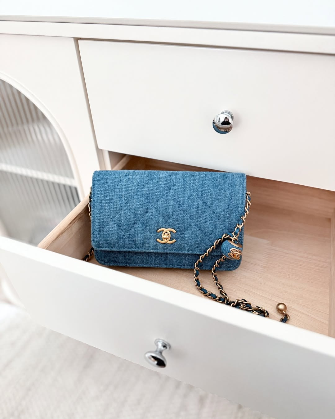 Chanel Quilted Pearl Crush Wallet on Chain WOC Denim Aged