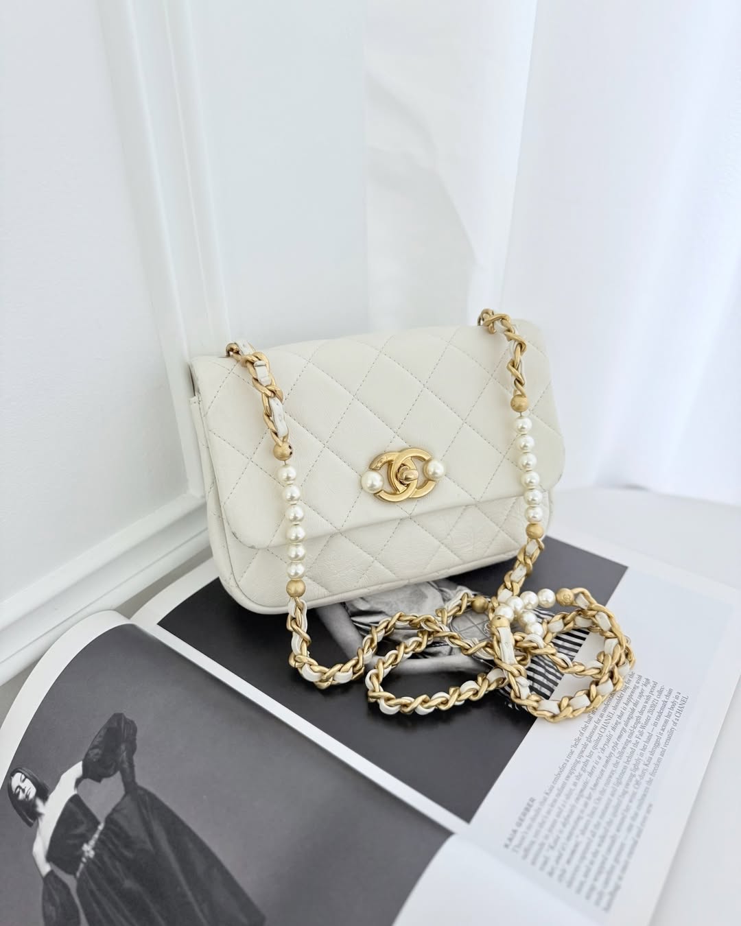 Chanel Quilted Pearl Flap Bag White Shiny Crumpled Calfskin Aged 22C