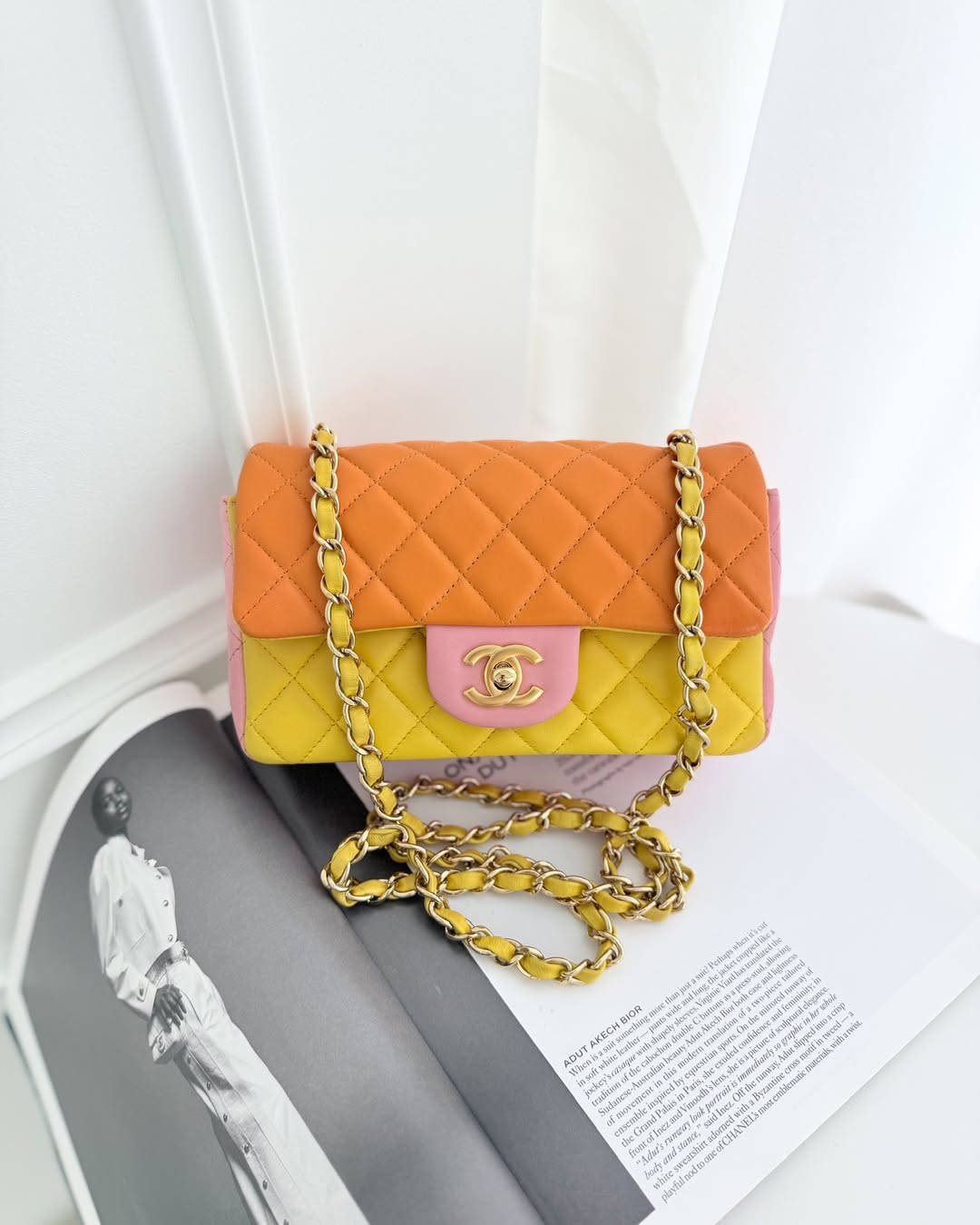Chanel Quilted Mini Rectangular Flap Tri-Color Orange/Yellow/Pink Lambskin