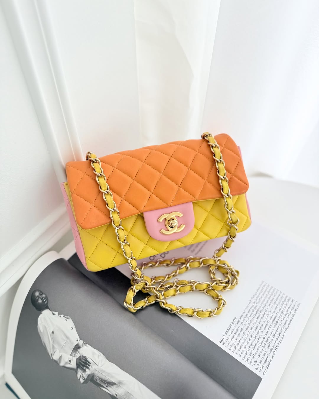 Chanel Quilted Mini Rectangular Flap Tri-Color Orange/Yellow/Pink Lambskin