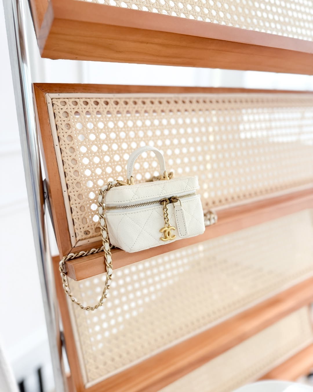 Chanel Quilted Mini Top Handle Vanity With Chain Ivory Caviar Aged