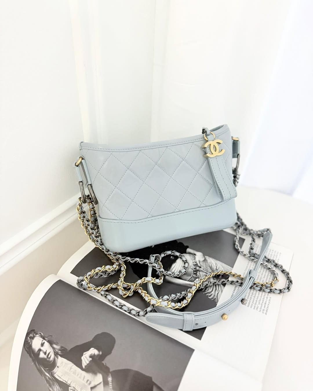 Chanel Small Gabrielle Hobo Quilted Light Blue Aged Calfskin