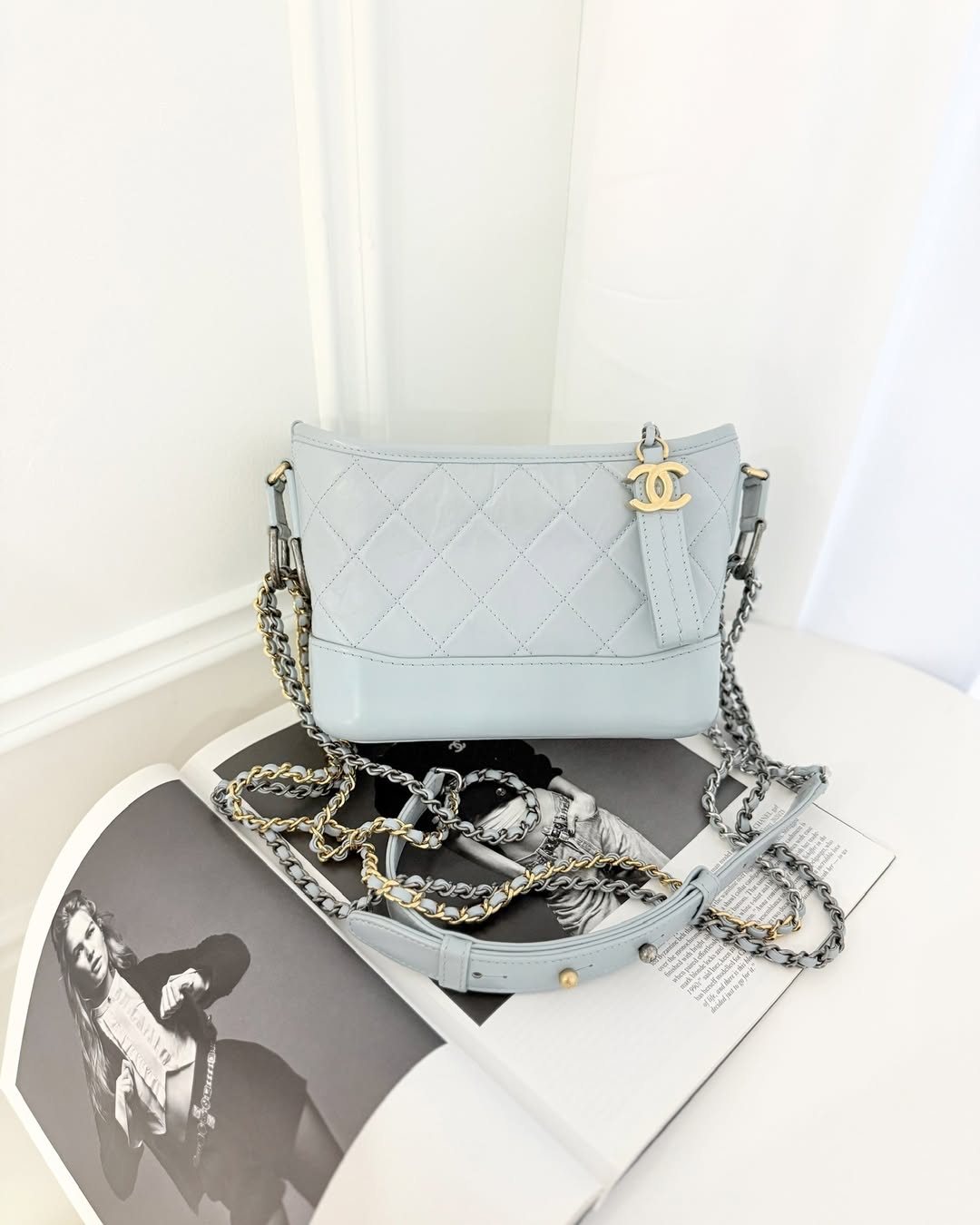 Chanel Small Gabrielle Hobo Quilted Light Blue Aged Calfskin
