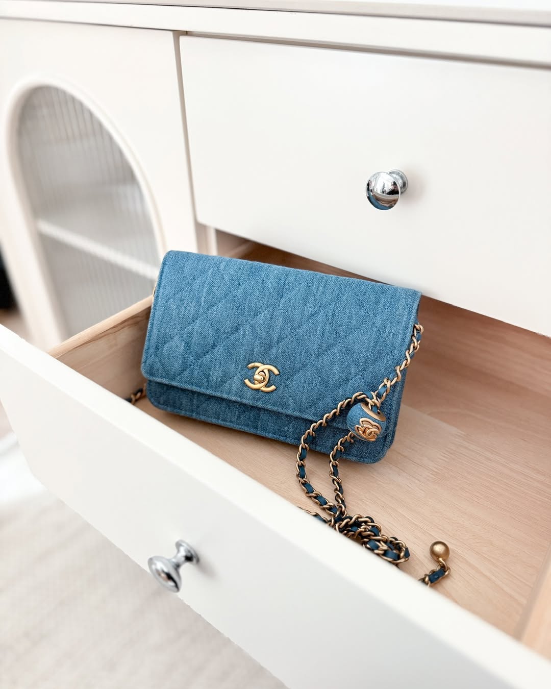 Chanel Quilted Pearl Crush Wallet on Chain WOC Denim Aged