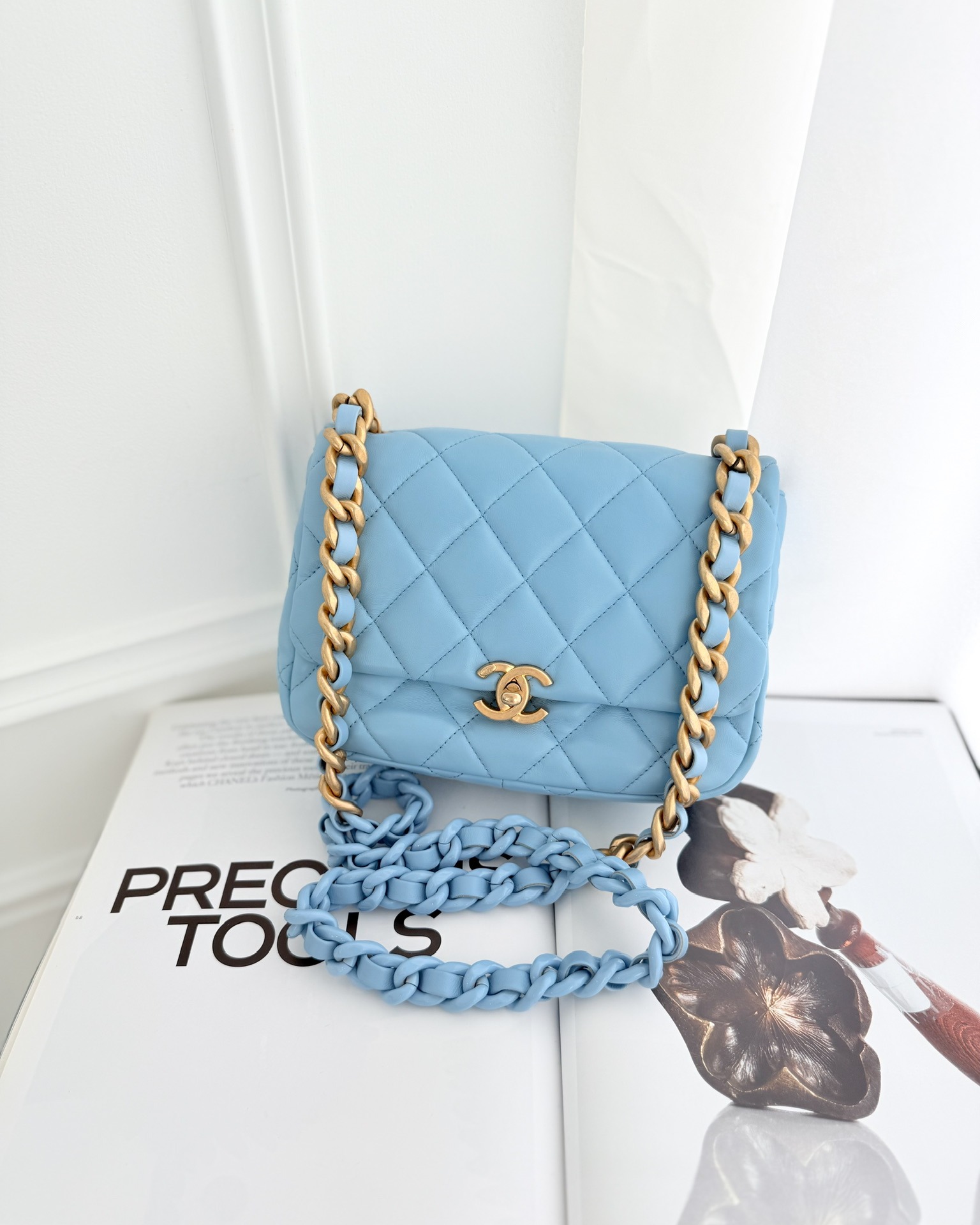 Chanel Small Flap Bag Blue Lambskin Gold and Lacquered Metal 22S
