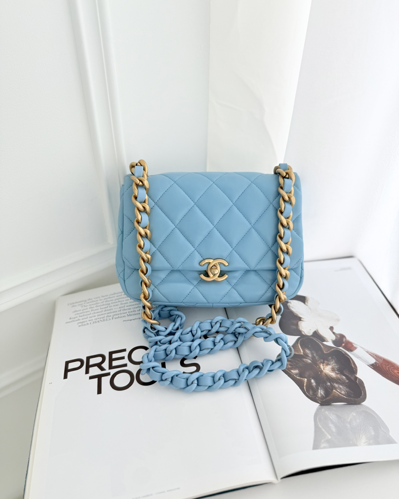 Chanel Small Flap Bag Blue Lambskin Gold and Lacquered Metal 22S