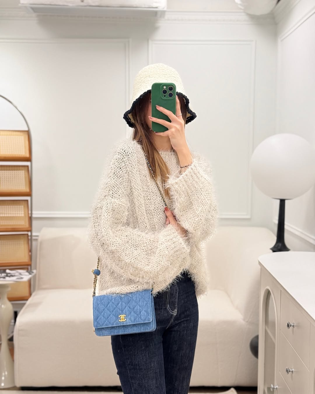 Chanel Quilted Pearl Crush Wallet on Chain WOC Denim Aged